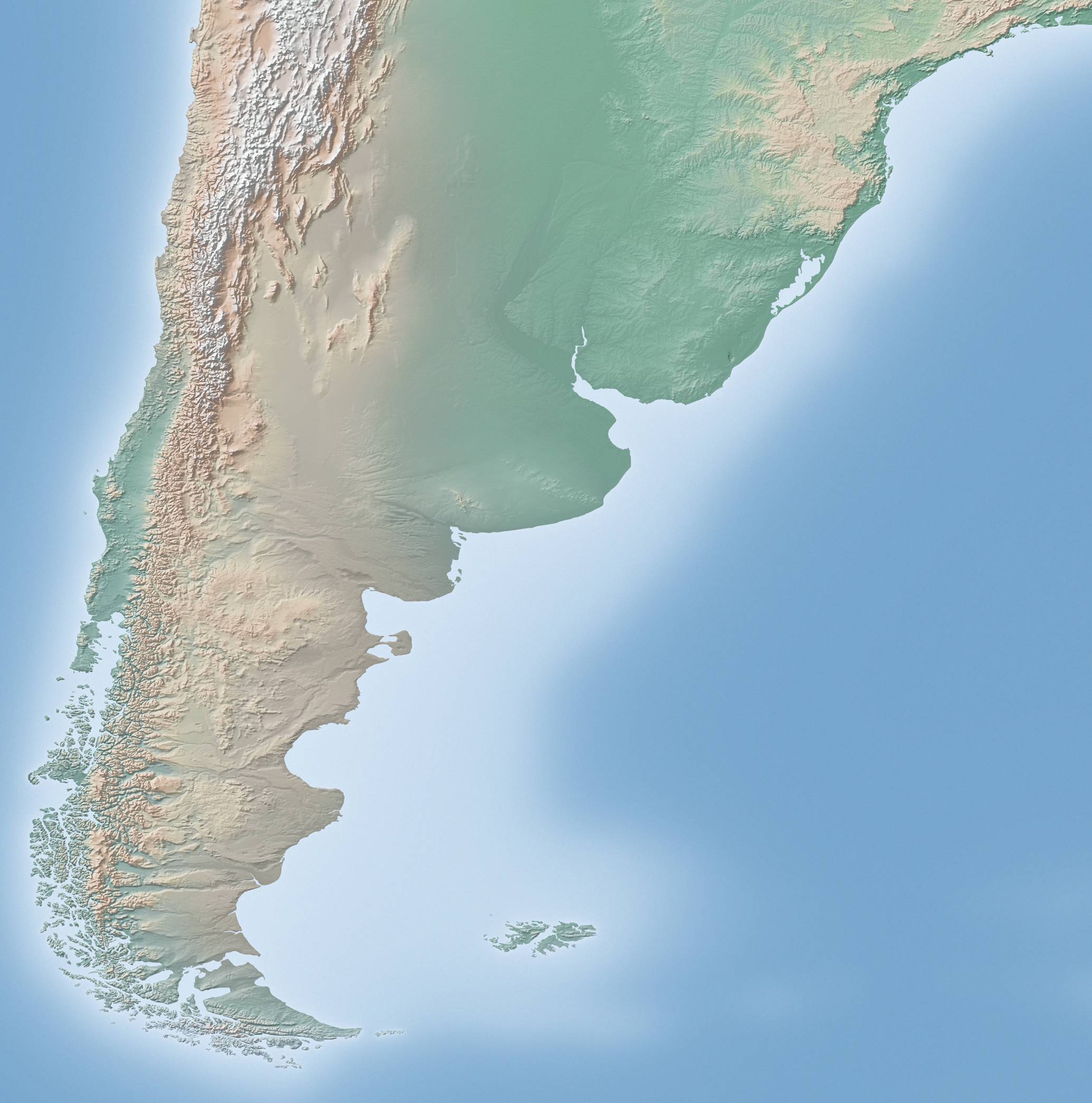 Relief map of Argentina, Chile, and Uruguay
