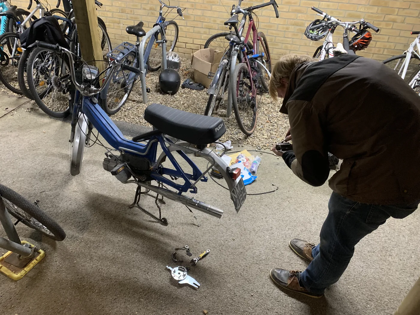 The Puch Maxi with its rear wheel removed